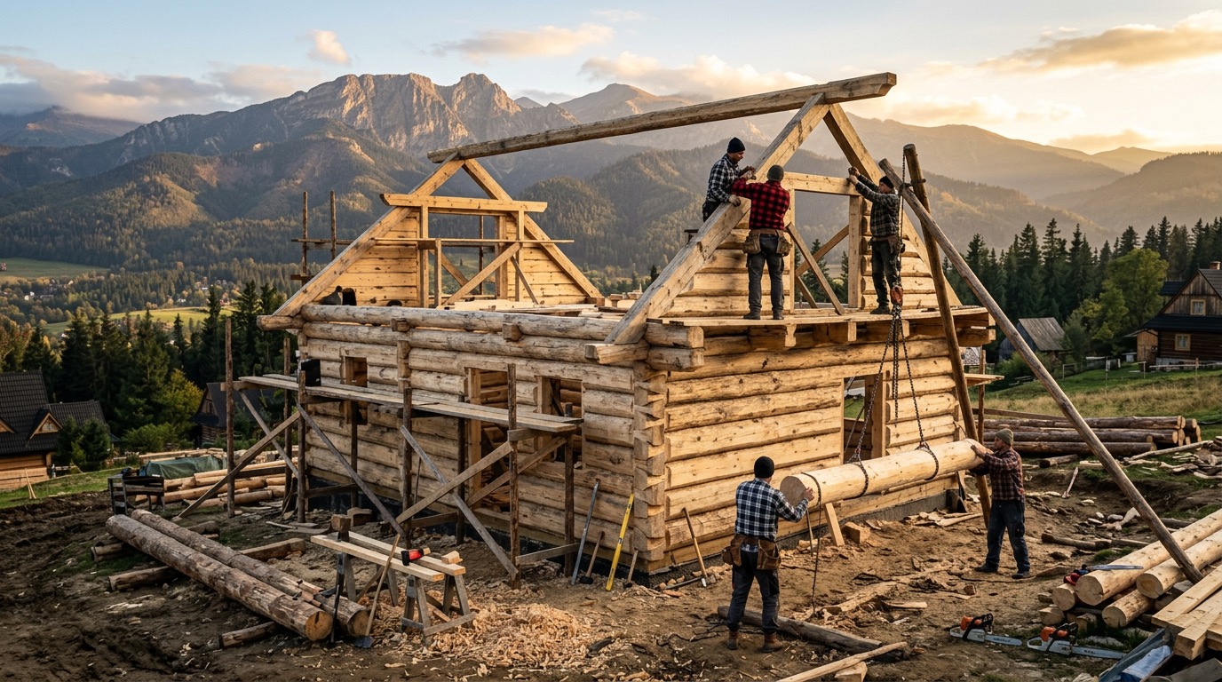 Budowa tradycyjnego domu z bali drewnianych na Podhalu