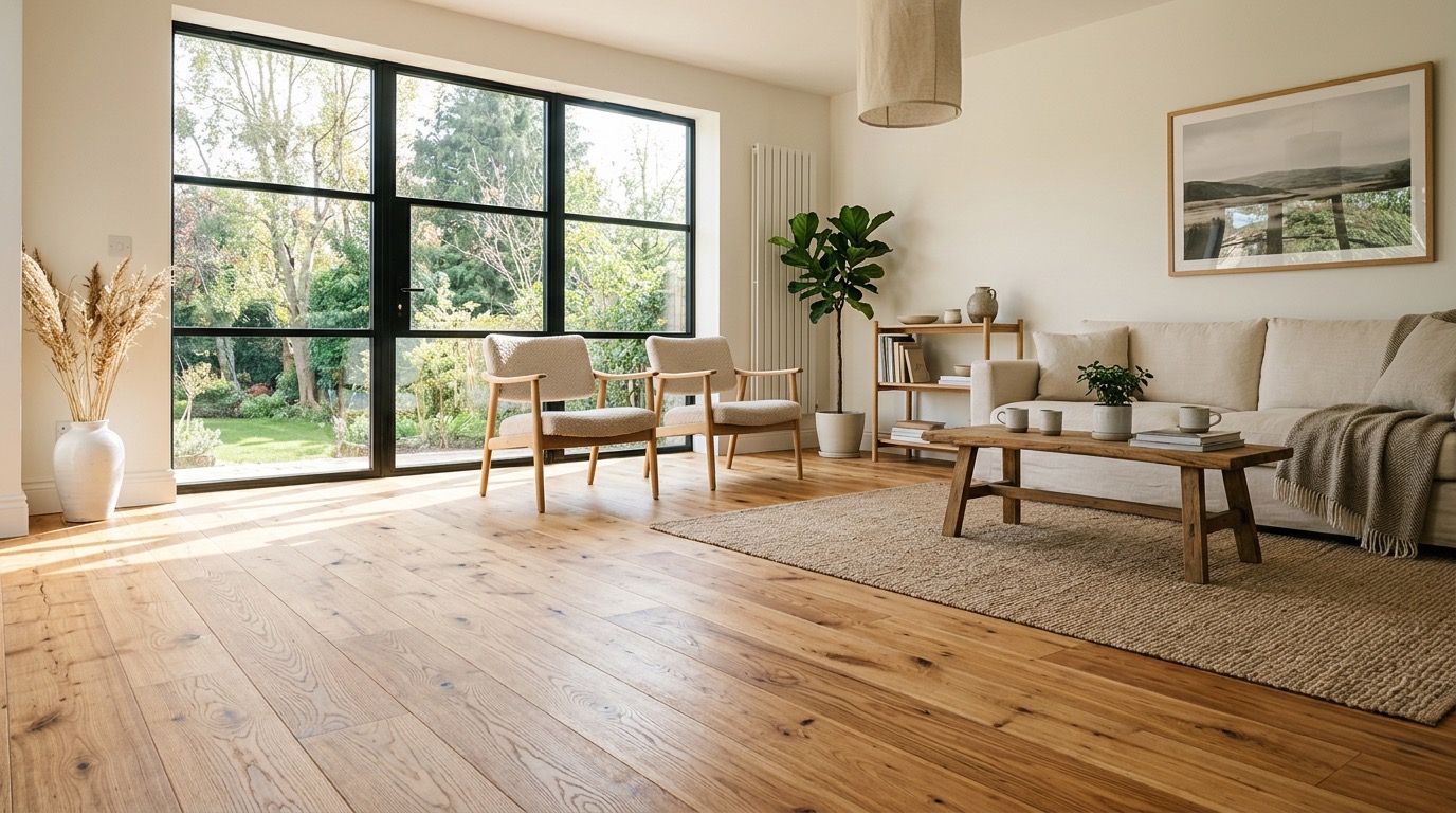 Podłoga z litego drewna w jasnym nowoczesnym salonie