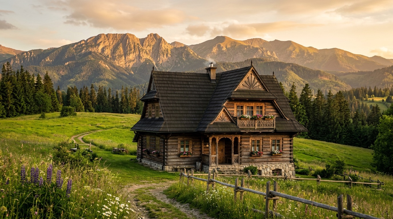 Góralski dom z elewacją z imitacji bala drewnianego