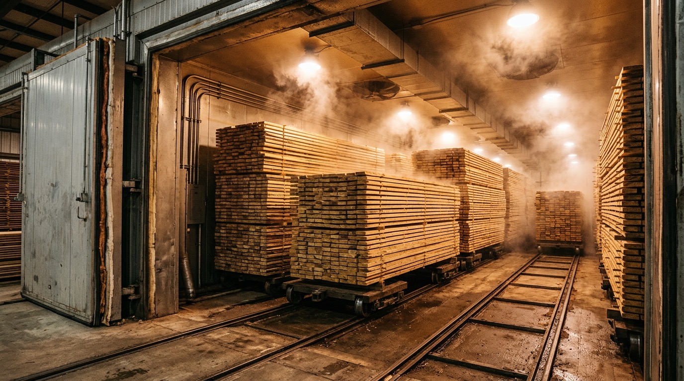 Wnętrze suszarni komorowej z ułożoną tarcicą na przekładkach