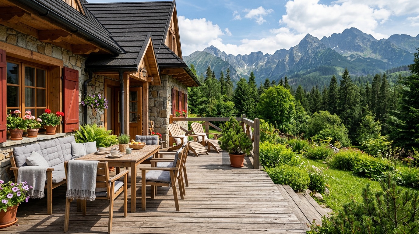 Drewniany taras przy górskim domu z desek modrzewiowych