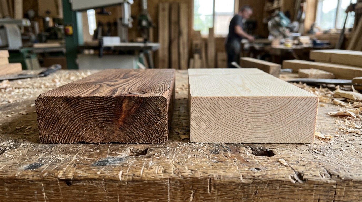 Porównanie drewna modrzewiowego i świerkowego na stole warsztatowym